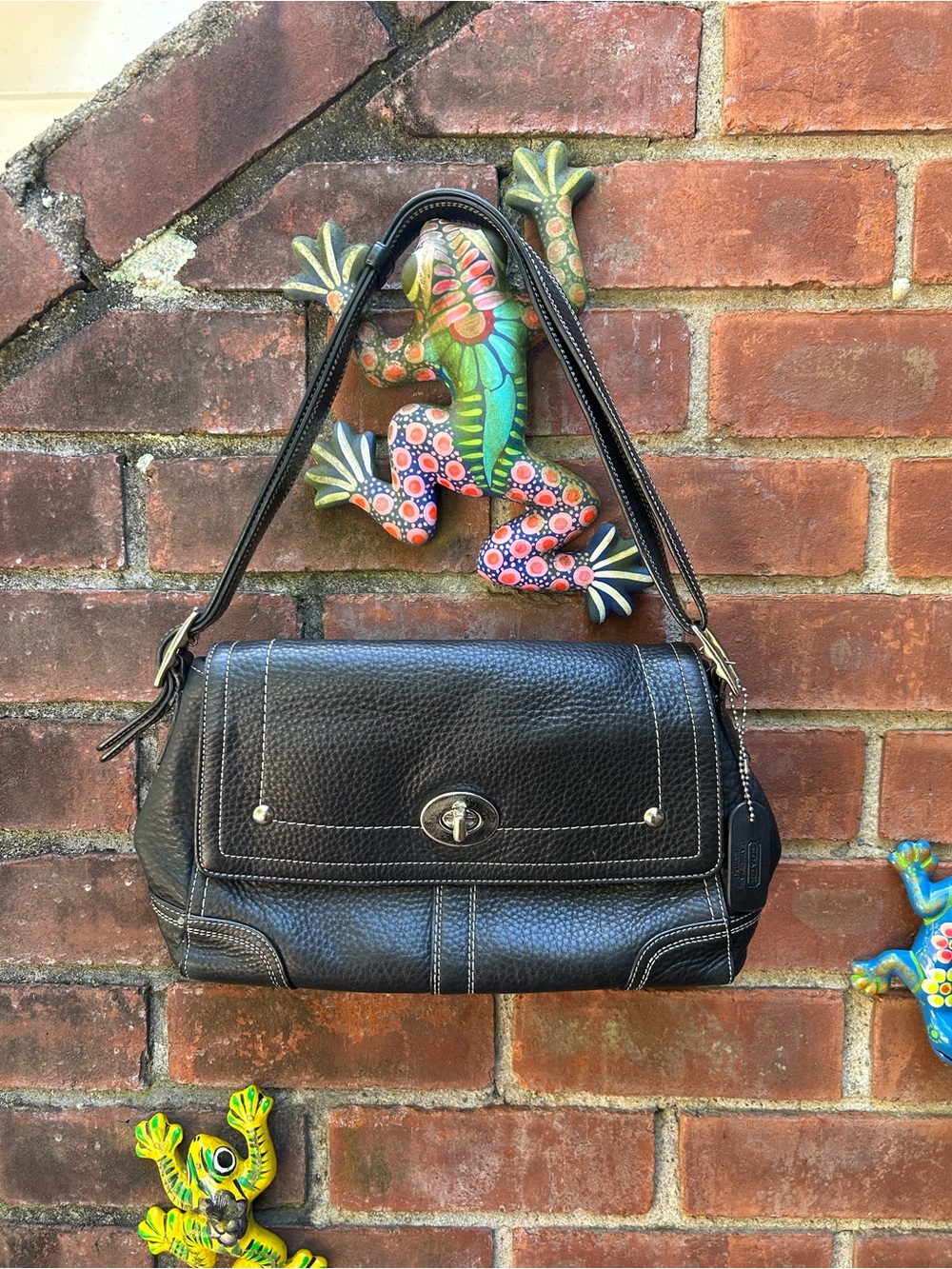 Coach Leather Turn-Lock Shoulder Bag in Black